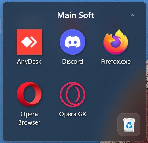 The Main Soft group expanded into a glass card showing AnyDesk, Discord, Firefox, Opera Browser and Opera GX